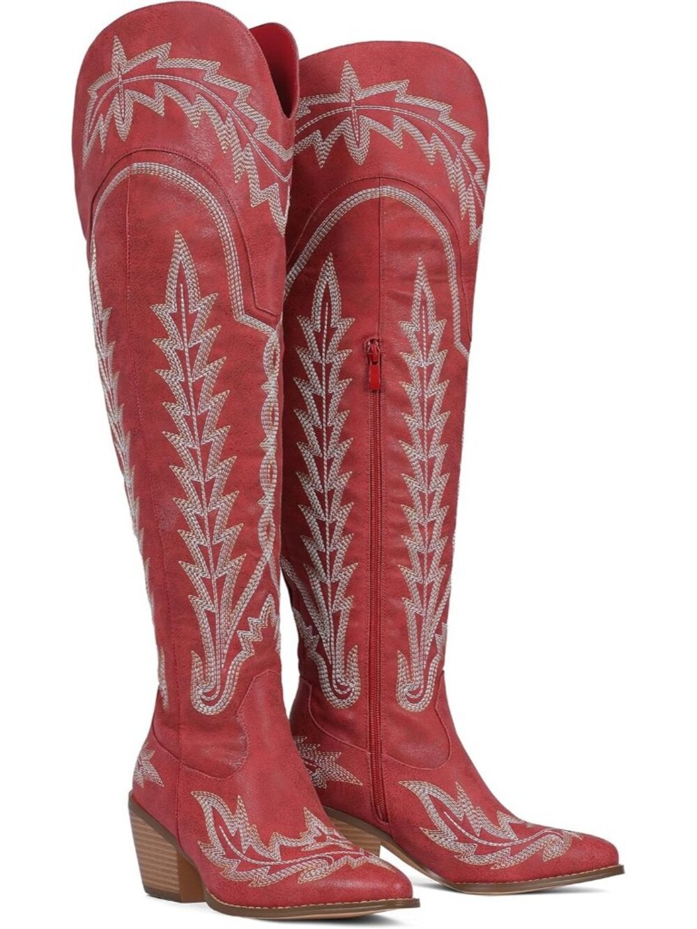 Women's Red High Thigh Embroidered Western Pointed Toe Chunky High Heel Boots